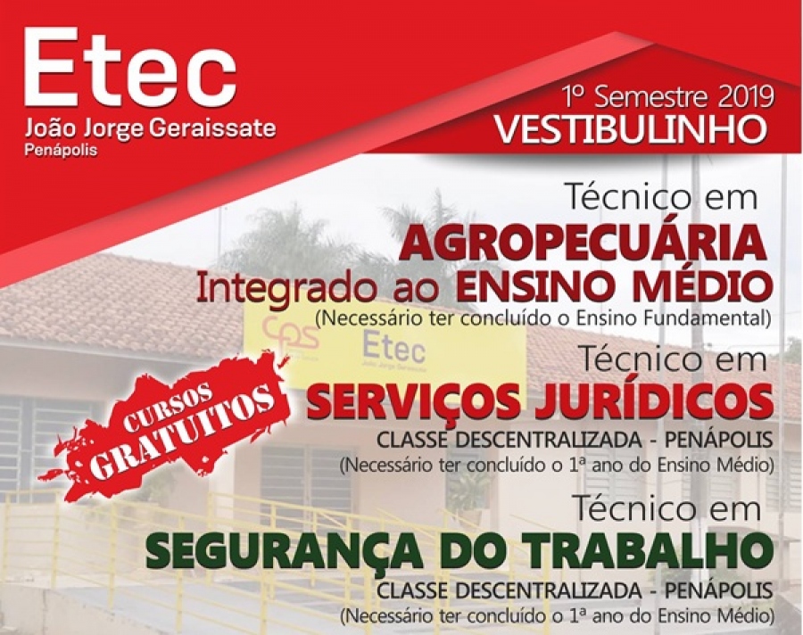 INSCRIÇÕES PRORROGADAS - VESTIBULINHO ETEC 1º SEMESTRE 2019 !!